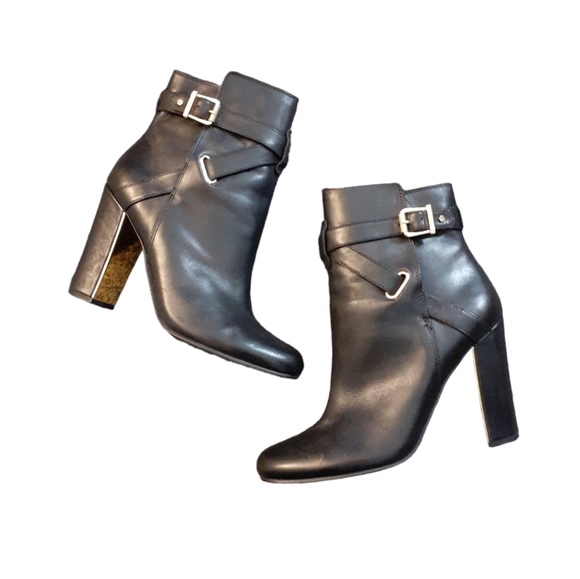C comfort Black Leather Buckled Gold Heeled Boots - Picture 1 of 10